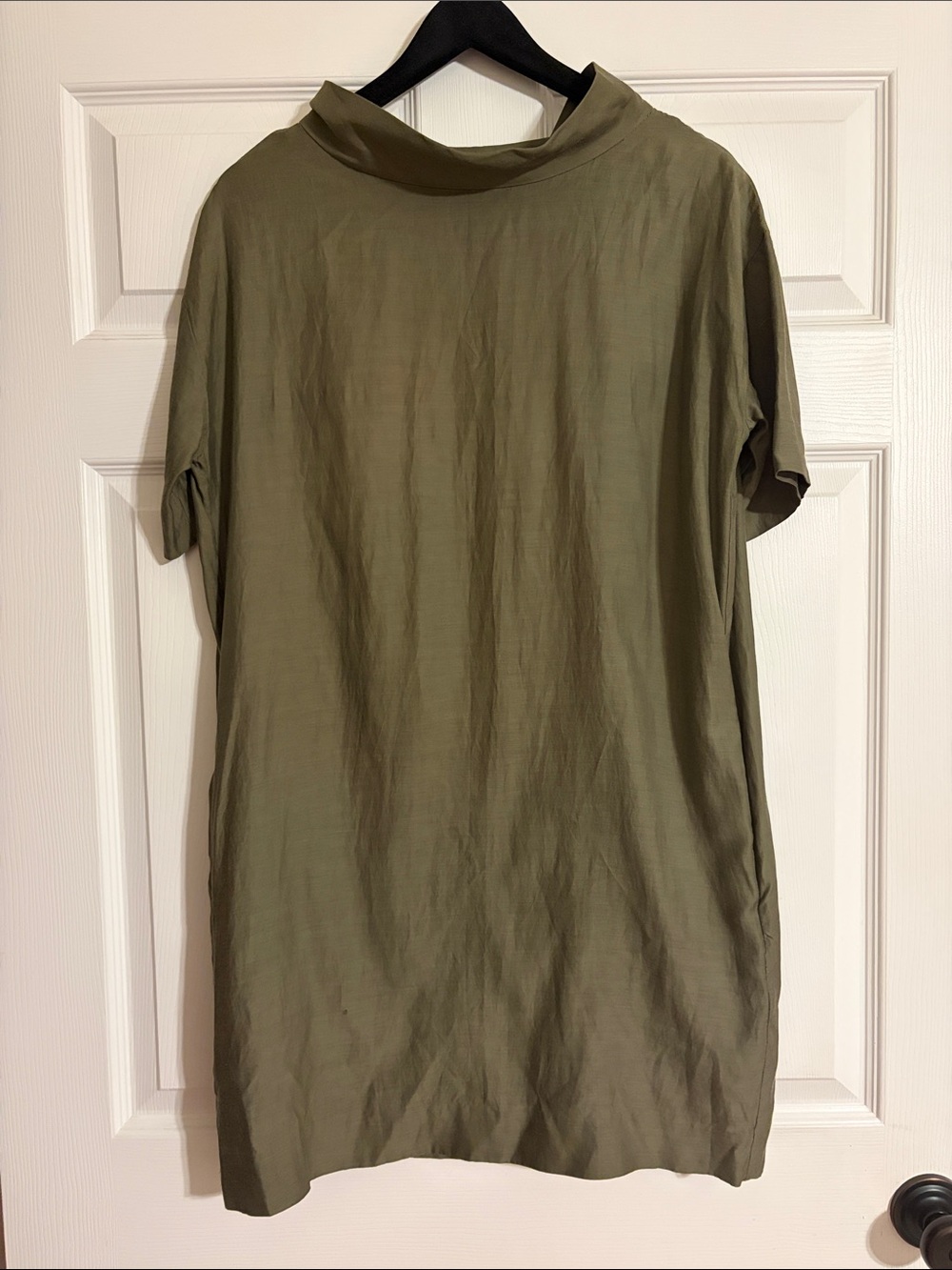COS Olive Green Cupro Cotton Blend Funnel Neck Shift Pocket Dress